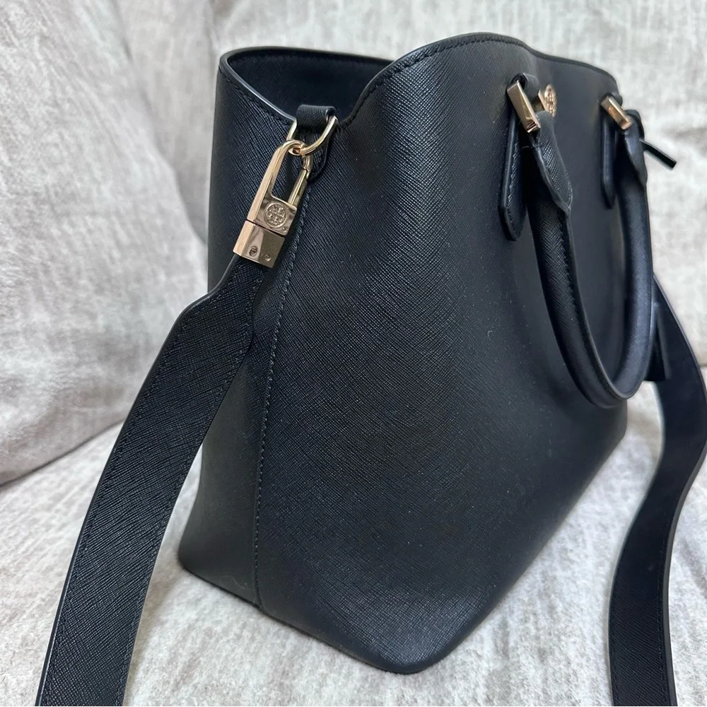 Tory Burch Robinson Medium Triple Compartment Black Leather Tote Bag - Picture 6 of 16